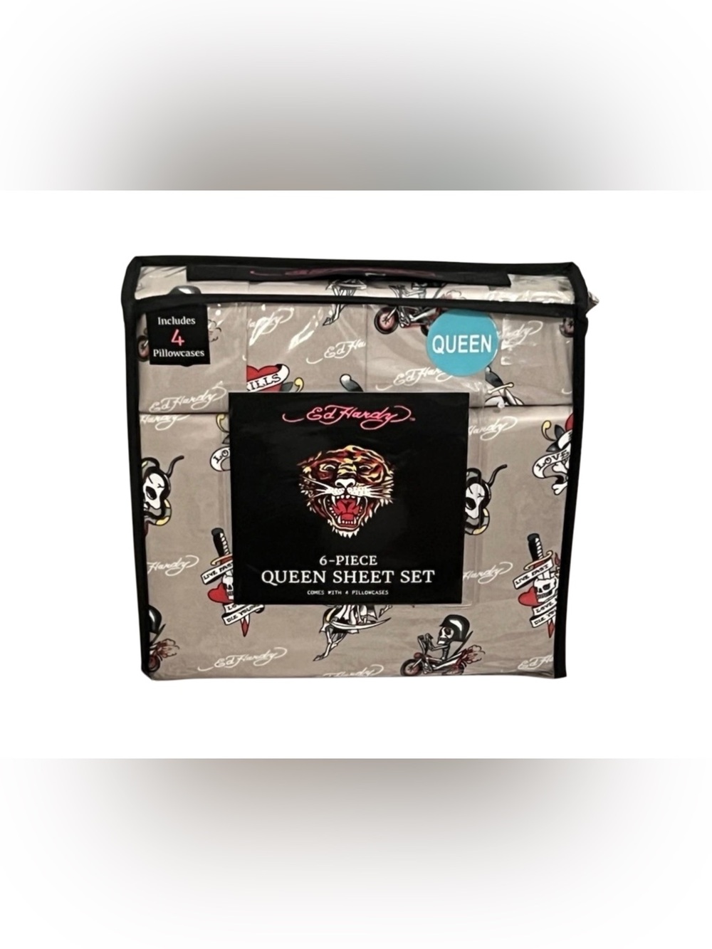 Ed Hardy 6-Piece Grey QUEEN Sheet Set Death Reaper w/4 Pillowcases *NEW*